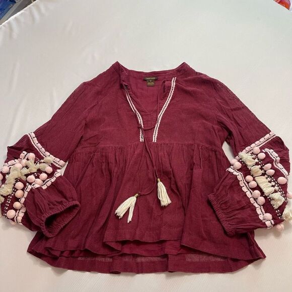 Anthropologie Vineet Bahl Pom Pom Burgundy Tunic Top Size Medium - Picture 1 of 11